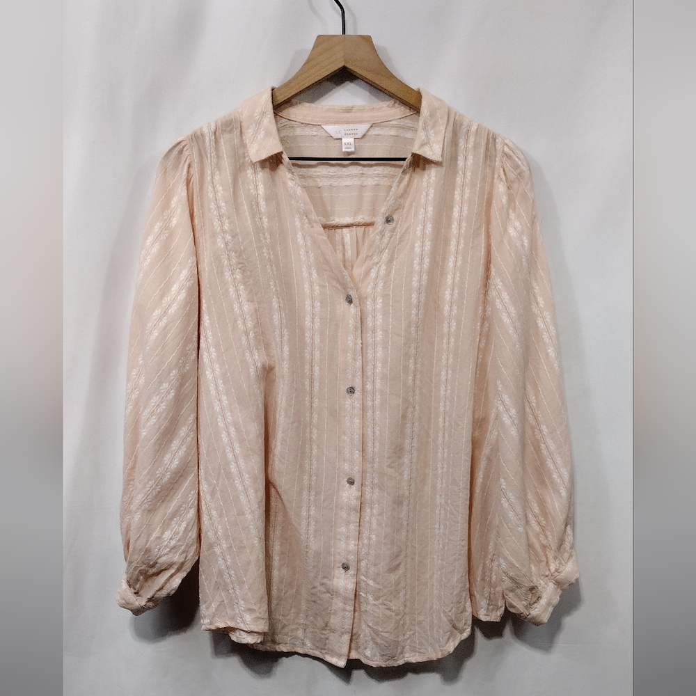 LC Lauren Conrad Embroidered Floral Button Shirt Women's XXL Orange Cottagecore